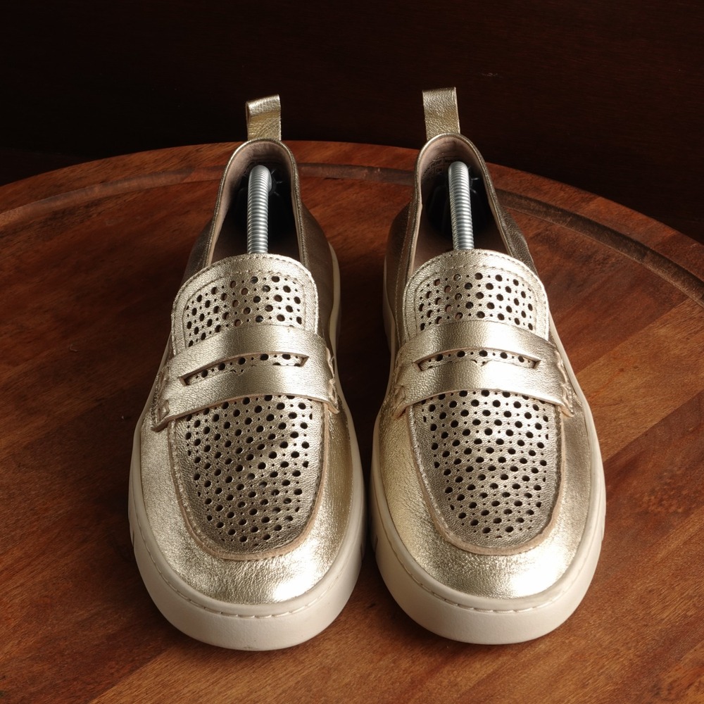 Vionic Loafers WMS SZ 8 Gold Metallic Uptown Perf Leather Comfort Walking Shoes - Picture 2 of 12